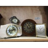 4 CLOCKS, 1 OF ART DECO STYLE, CARRIAGE CLOCK, ROUND WOOD FRAMED CLOCK & A SMITHS BATTERY CLOCK