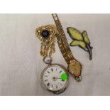 SILVER CASED FOB WATCH A/F, SILVER BROOCHES, PLATED LADIES WATCH & BROOCH