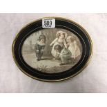 18THC SCENE OF CHILDREN PLAYING MARBLES IN BLACK & GOLD MOUNT WITHIN AN OVAL BRASS FRAME