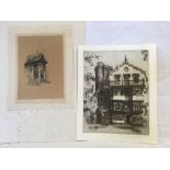 TWO UNFRAMED ETCHINGS; ONE OF MOLL'S COFFEE HOUSE, CATHEDRAL GREEN, EXETER, SIGNED W H SWEET,