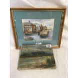 TWO MARINE PICTURES; ONE UNFRAMED 19THC OIL PAINTING ON CANVAS OF A BOAT ON THE UPPER REACHES OF THE