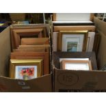 2 CARTONS OF F/G ETCHINGS, PEN & INK, WATERCOLOURS & WOOD FRAMED TILES