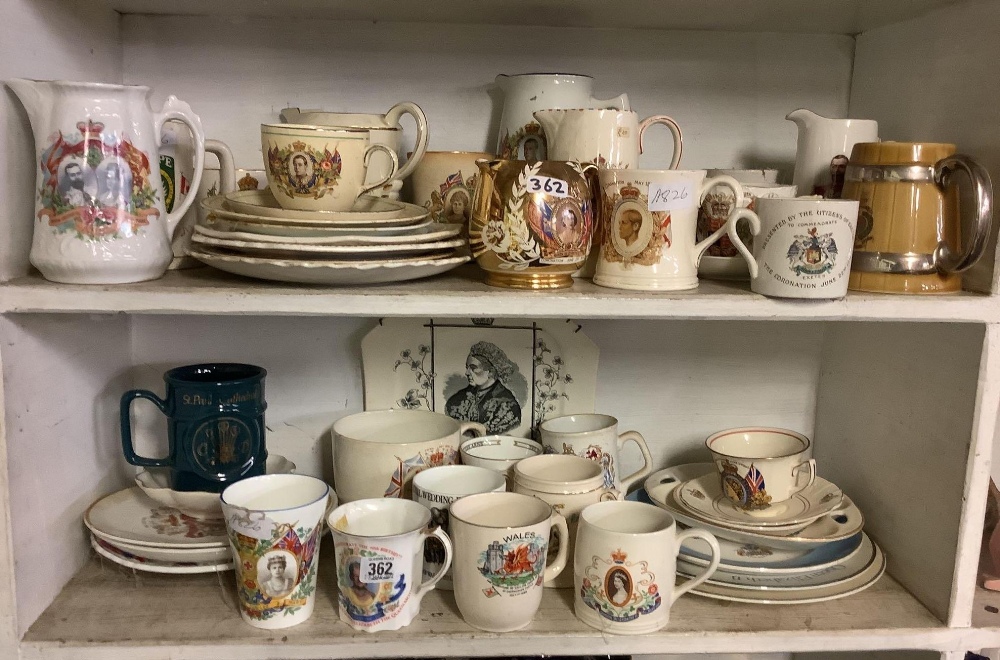 2 SHELVES OF ROYAL COMMEMORATIVE CRESTED CUPS & SAUCERS ETC