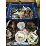 2 CARTONS OF MIXED BRIC-A-BRAC INCL: TEA CARDS, CHINA ITEMS, METAL CRUET SET