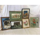 SIX ASSORTED NEEDLEWORK & TAPESTRY PICTURES, VARIOUS SUBJECTS INCLUDING CAT, MOUSE, FLOWERS &