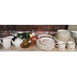 SHELF OF VARIOUS TEA POTS & TEA WARE INCL; PART OVEN TO TABLE WARE BY HARVEST 1418
