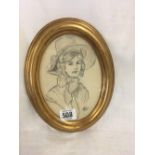 OVAL PENCIL PORTRAIT OF HEAD & SHOULDERS OF A LADY WITH HAT TIED WITH A BOW, SIGNED WITH INITIALS