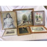 FRAMED OIL PAINTING OF PARIS, F/G OIL PAINTING OF A LADY & VARIOUS OTHER F/G PICTURES