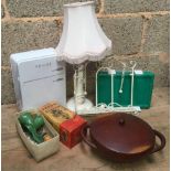 CARTON WITH TABLE LAMP, METAL KITCHEN BOOK RACK, CONTAINERS & WOODEN BOWL WITH LID