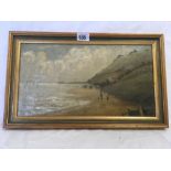 EARLY 20THC OIL PAINTING ON CANVAS; AN IMPRESSIONISTIC SCENE OF FIGURES ON A BEACH, INDISTINCTLY