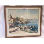 WATERCOLOUR OF ST TROPEZ WITH A FIGURE TIDYING FISHING NETS, INDISTINCTLY SIGNED. ALSO INSCRIBED