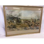 19THC COLOURED PRINT OF A BATTLE SCENE, INDISTINCTLY SIGNED & DATED 1883, 16'' X 26''