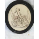 A PENCIL AND WATERCOLOUR MINIATURE PORTRAIT OF A LADY SEATED BY A TABLE. OVAL.