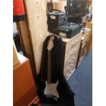 SQUIRE BULLET STRAPPED ELECTRIC GUITAR WITH STAND, CANVAS BAG & BLACK STAR AMPLIFIER