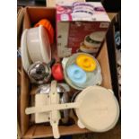 CARTON OF KITCHENALIA INCL; SCALES, CAFETIERE & OTHER DISHES