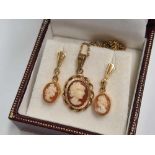 A PAIR OF CARVED CAMEO EAR PENDANTS & A SIMILAR PENDANT WITH CHAIN, ALL SET IN 9ct
