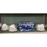 BLUE & WHITE 2 HANDLED DISH, ROYAL ALBERT CUPS & SAUCERS ETC