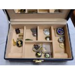 JEWELLERY BOX WITH MIRRORED LID WITH QTY OF ENAMELLED PENDANTS & LOCKETS, FASHIONED FROM UK COINAGE