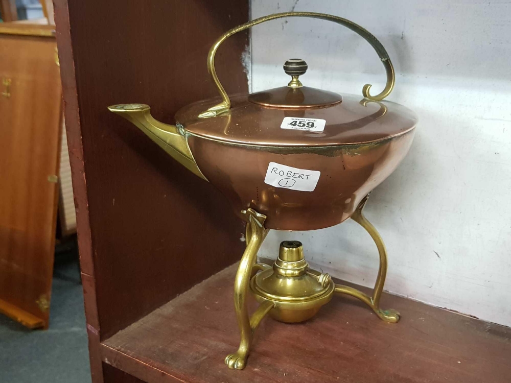 UNMARKED BENSON COPPER & BRASS KETTLE ON STAND WITH BURNER