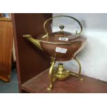 UNMARKED BENSON COPPER & BRASS KETTLE ON STAND WITH BURNER