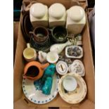 2 CARTONS OF CHINA INCL; WADE CANDLE HOLDERS, CHINA STORAGE JARS, JUGS, COFFEE CUPS