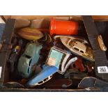 QTY OF VINTAGE TOY BOATS, CARS, CRANE ETC