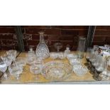 SHELF OF MISC GLASSWARE INCL; DECANTER WITH NO STOPPER