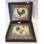 PAIR OF COLOURED PRINTS OF COCKERELS BY KIMBERLEY POLOSON, IN BLACK & GILT SHOT BEAD FRAMES