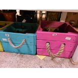 2 WOODEN PLANTERS WITH ROPE HANDLES, APPROX 13'' SQUARE & 9'' TALL