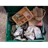 FISHING TACKLE BOX & CONTENTS INCL; A POWER SURF FLADEN FISHING REEL, HOOKS & FEATHERS