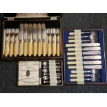VICTORIAN PLATED FISH SERVER'S & CUTLERY IN WOODEN BOX, WOOD TRAY OF FISH CUTLERY & BOX OF PLATED