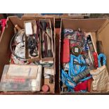 2 CARTONS WITH MISC HAND TOOLS, GREASE GUN, JUMP LEADS, CABLE & ELECTRICAL COMPONENTS