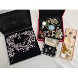 2 BOXES OF COSTUME JEWELLERY, A PAIR OF DEVON CRESTED CUFF LINKS & PIN BADGE AND A BOXED NECKLACE