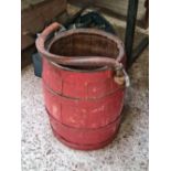 WOODEN ANTIQUE FIRE OR GRAIN BUCKET WITH ROPE HANDLE & COAT OF ARMS