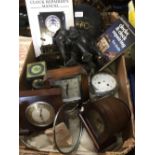 CARTON WITH 3 WOODEN MANTEL CLOCKS, CLOCK PARTS AND OTHER ITEMS