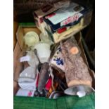 CARTON WITH MISC CHINAWARE, METAL ITEMS, CORK SCREW, SCISSORS, WOOD LOG CANDLE HOLDER & 3 DIE CAST