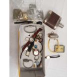 CARTON OF WATCHES, HIP FLASK & OTHER METAL ITEMS