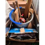 A BUCKET CONTAINING A MACALLISTER 750 watt ANGLE GRINDER, HAMMERS & OTHER HAND TOOLS