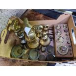 SMALL CARTON OF BRASS BELL WEIGHTS, BLOCK OF GRAM WEIGHTS & OTHERS