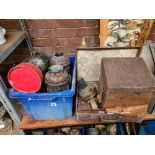2 CARTONS OF MISC TILLEY LAMPS, BRASS STOVE PARTS, A RUSTY TIN WITH A COOKING STOVE & RESIN TABLE