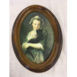 OVAL COLOURED MINIATURE PRINT OF A LADY WITH A CAT