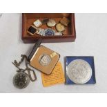 WOODEN BOX WITH QTY OF WATCHES & MEDALLIONS