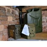 2 EMPTY AMMO AMMUNITION BOXES & A 5 GALLON JERRY CAN, MOD DATED 1985