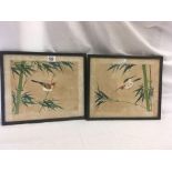 PAIR OF ORIENTAL WATERCOLOURS OF BIRDS ON BAMBOO BRANCHES. SIGNED WITH RED SEALS