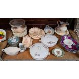 SHELF OF MISC CHINAWARE INCL; TUREEN'S, JUGS, CHEESE DISH & OTHER PLATES BY CROWN DEVON