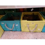 2 WOODEN PLANTERS WITH ROPE HANDLES, APPROX 13'' SQUARE & 9'' TALL