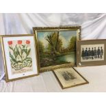 2 GILT F/G VINTAGE PRINTS WITH GILT FRAMED OIL PAINTING & GILT F/G TULIP PICTURE