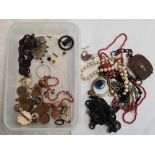 PLASTIC CONTAINER OF COINS, CUFF LINKS, BEADS ETC