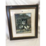 COLOUR PRINT OF DONKEY'S IN A STABLE WATCHING PIGS & A HEN, ENTITLED 'FARMYARD FRIENDS' IN A