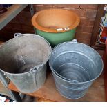 2 GALVANISED BUCKETS WITH HANDLES & LARGE GREEN/BROWN STONEWARE PLANTER